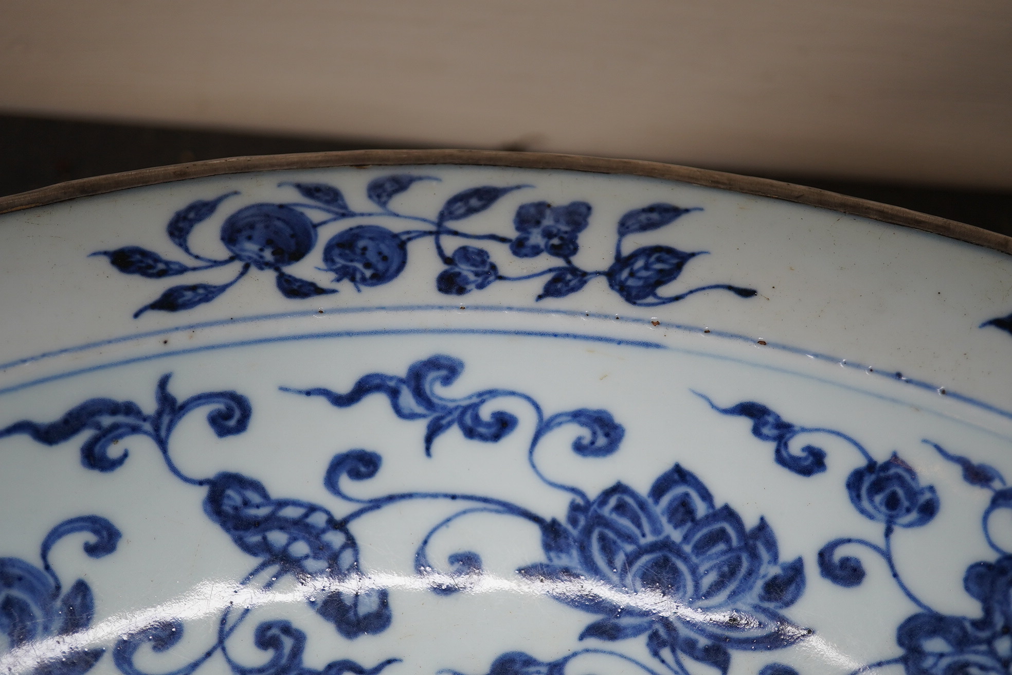 A large Chinese Ming style blue and white dish, possibly 18th century